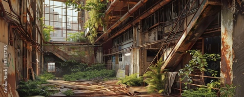 Wallpaper Mural An abandoned industrial space reclaimed by nature, showcasing rusted structures and vibrant green foliage. Torontodigital.ca