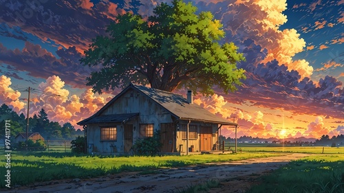 Anime Wallpaper 8k Depicting a House in the Village with Tree Beside It and Sunset Sky