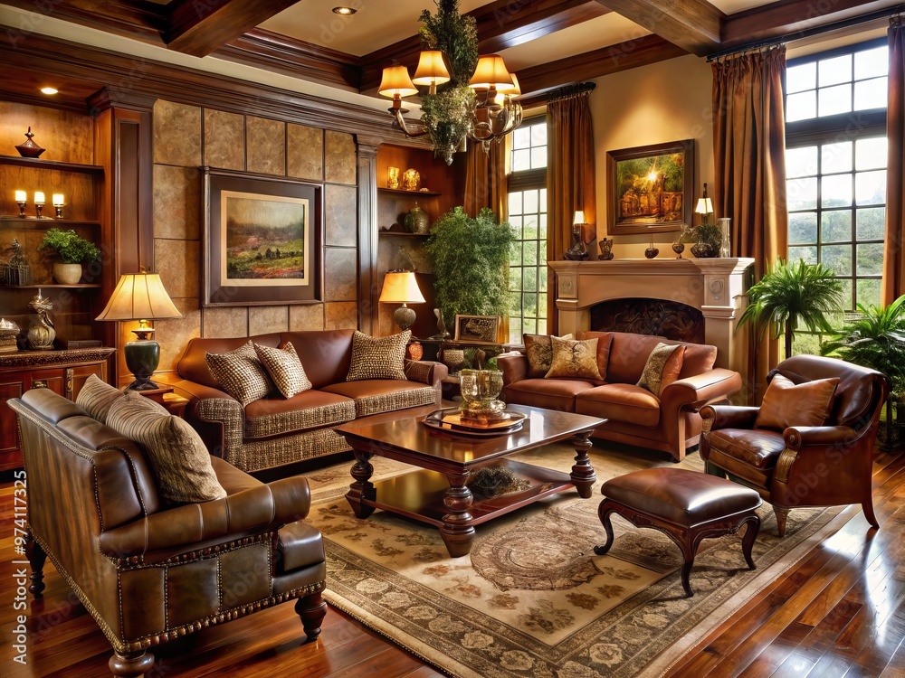 Cozy living room with plush furnishings, rich wood accents, and vintage decor, showcasing elegant and sophisticated Cozy living room with plush furnishings, rich wood accents, and vintage decor, showcasing elegant and sophisticated