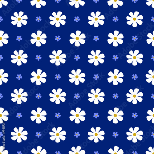 Seamless flowers pattern vector. Cute floral wallpaper with hand drawn organic shapes. Seamless pattern on a navy blue background.