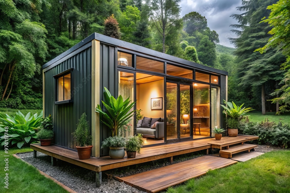 Cozy, minimalist tiny container home nestled among lush greenery, featuring large windows, wooden accents, and a Cozy, minimalist tiny container home nestled among lush greenery, featuring large windows, wooden accents, and a