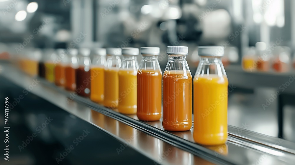 A clean and high-tech factory producing bottled juices, with vibrant colors on a conveyor belt A clean and high-tech factory producing bottled juices, with vibrant colors on a conveyor belt