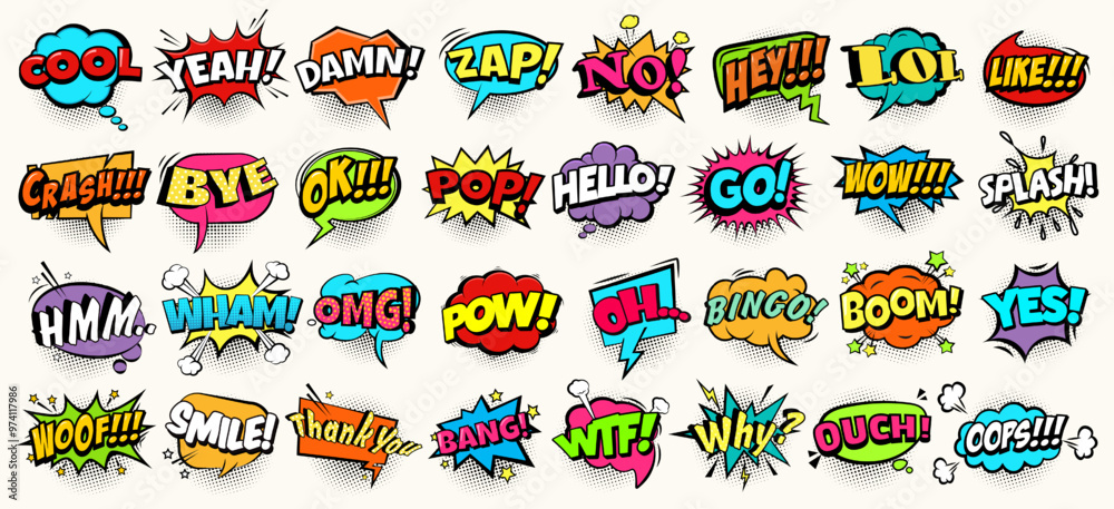 Naklejka premium Set of vintage speech bubble, cartoon sticker, cloud communication art and chat balloon with comic text message, halftone, explosion bomb and splash effect in pop art style. Comic quote or idea symbol