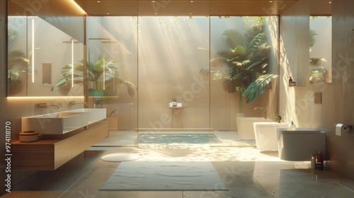 Luxurious contemporary bathroom interior with glass shower enclosure minimalist wood vanity and lush tropical foliage creating a serene spa like retreat for relaxation and rejuvenation photo