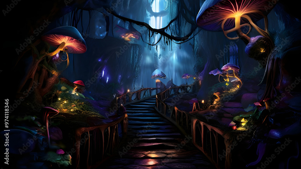 Twisting path of a magical vine into a cave filled with mushrooms, and mysterious creatures.