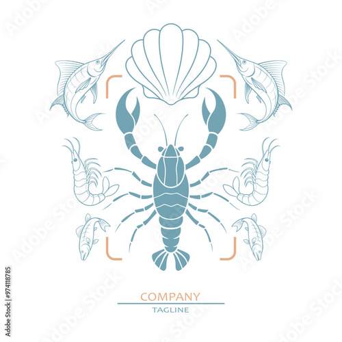 Lobster or crayfish, scallop, marlin and shrimp icon as emblem. Seafood shop logo, signboard, restaurant menu, fish market, banner, poster design template. Fresh seafood or shellfish product.