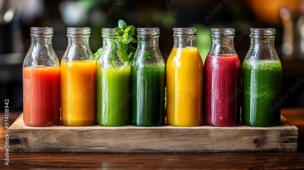 Refreshing Assorted Glass Bottles of Cold-Pressed Juices on Wooden Tray Refreshing Assorted Glass Bottles of Cold-Pressed Juices on Wooden Tray