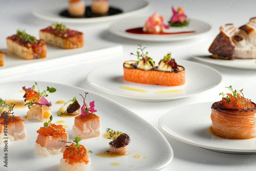 A beautifully arranged platter of gourmet sushi and sashimi dishes. A beautifully arranged platter of gourmet sushi and sashimi dishes.