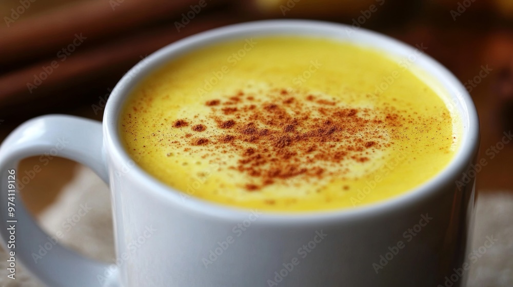 Golden Turmeric Latte Delight in White Ceramic Mug with Cinnamon Sprinkle - Healthy Ayurvedic Beverage Concept Golden Turmeric Latte Delight in White Ceramic Mug with Cinnamon Sprinkle - Healthy Ayurvedic Beverage Concept