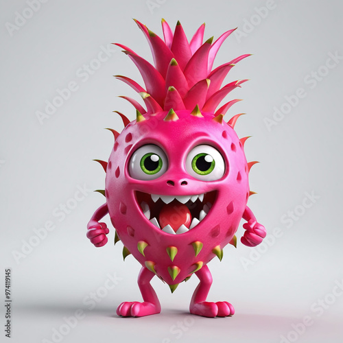 3D fruit character dragon red fruit with big eyes and happy smile in face fun, 3D render