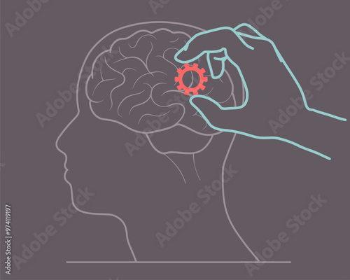 Head with brain inside. Hand put cogwheel in it. Productivity, effectiveness. Intelligence and knowledge development with brain performance. Gear and technical wheel as thoughts, treatment and idea