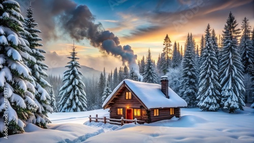 Cozy secluded cabin surrounded by towering snow-covered evergreen trees, smoke drifting lazily from the chimney, set