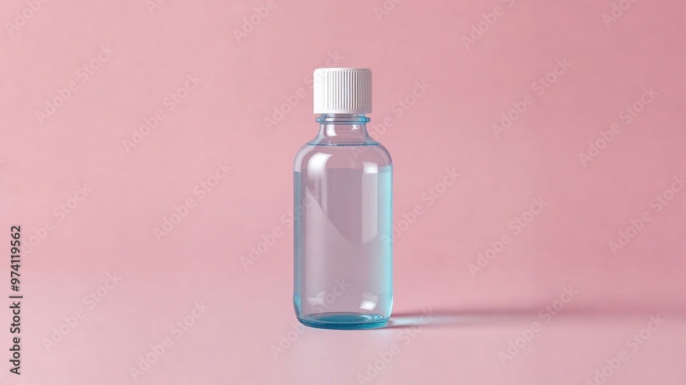 Clear Glass Bottle on Pink Background, A pristine, empty glass bottle with a white cap rests upright against a soft pink backdrop. The transparent bottle allows for the visualization of its interior. Clear Glass Bottle on Pink Background, A pristine, empty glass bottle with a white cap rests upright against a soft pink backdrop. The transparent bottle allows for the visualization of its interior.
