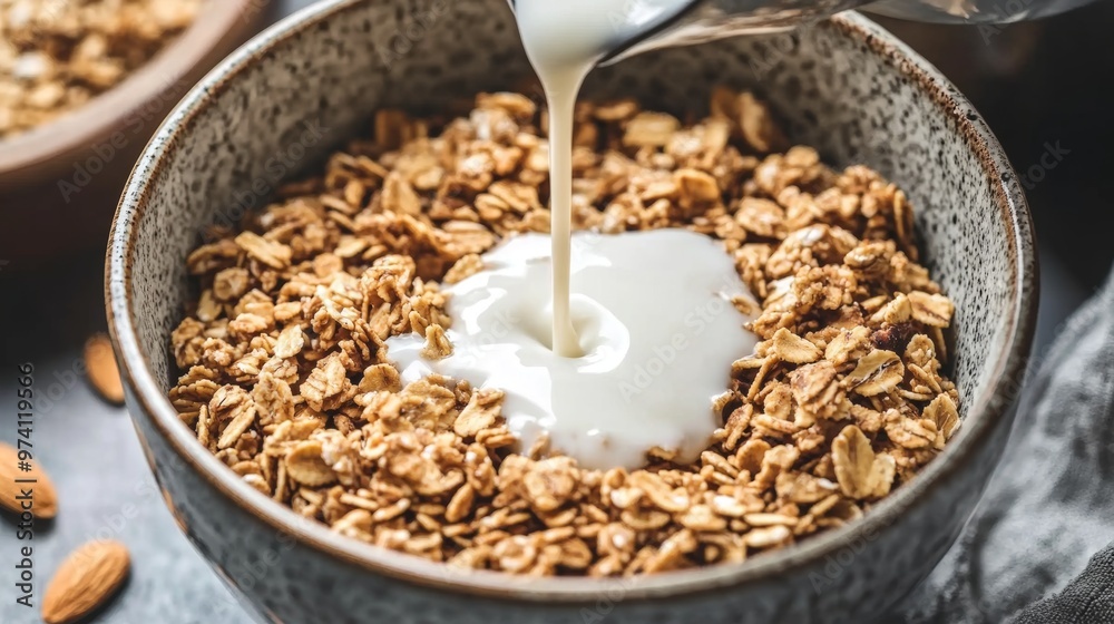 Nutritious Almond Milk Pouring Over Crunchy Granola in Bowl Nutritious Almond Milk Pouring Over Crunchy Granola in Bowl