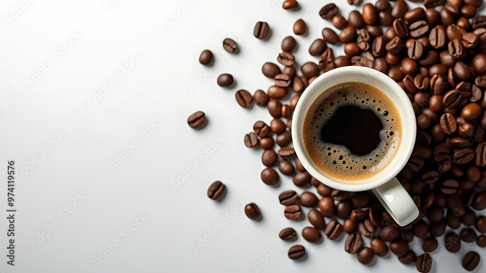 Cup of coffee surrounded by scattered coffee beans on a clean, white background. Perfect for coffee enthusiasts and use in cafe menus, blogs, and food photography.