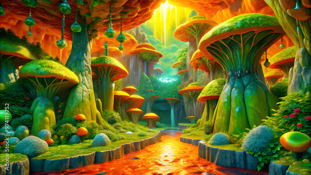 Obraz premium Twisting path of a magical vine into a cave filled with mushrooms, and mysterious creatures.