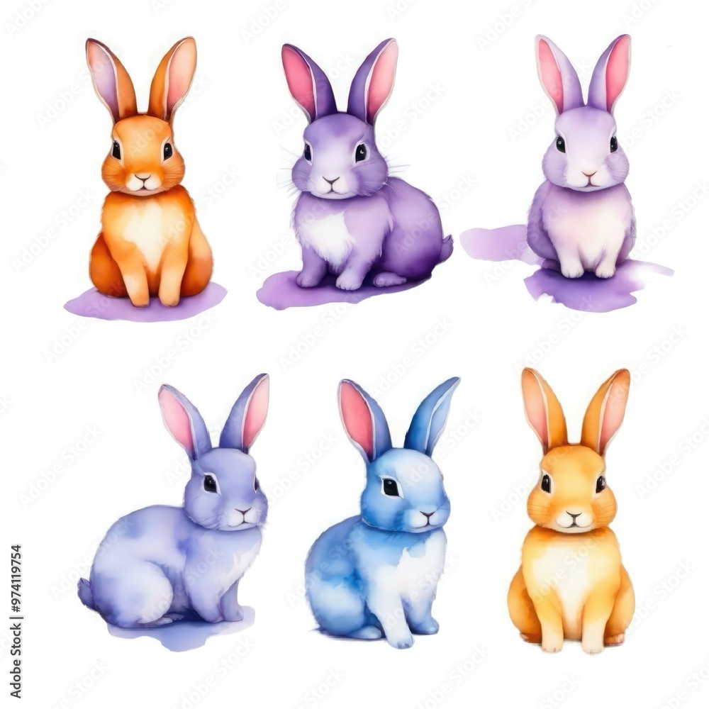 Colorful cartoon rabbits in various poses sitting on a white background, ideal for children's art or seasonal decorations Colorful cartoon rabbits in various poses sitting on a white background, ideal for children's art or seasonal decorations