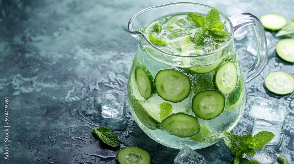 Crisp and Clean: Cucumber Mint Infused Water in Pitcher with Ice Cubes Crisp and Clean: Cucumber Mint Infused Water in Pitcher with Ice Cubes