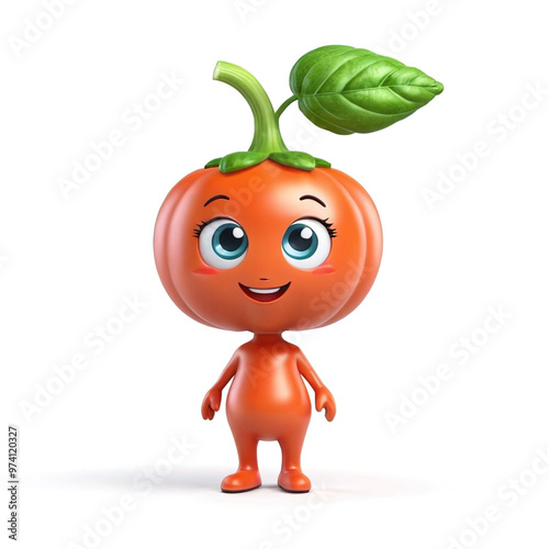 Cute adorable fun happy and smilling 3D red tomato funny cartoon character with eyes on white background illustration