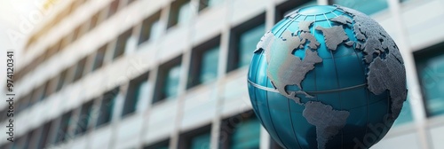 A blue metallic globe sculpture showcasing continents, placed in front of a modern office building, symbolizing global business and international presence. photo