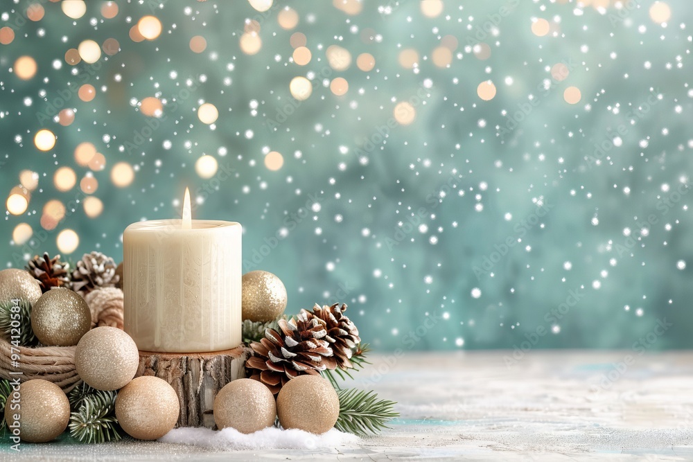 Festive scene with candle, pinecones, and ornaments against a dreamy bokeh background, capturing the essence of Christmas and winter holidays. Festive scene with candle, pinecones, and ornaments against a dreamy bokeh background, capturing the essence of Christmas and winter holidays.