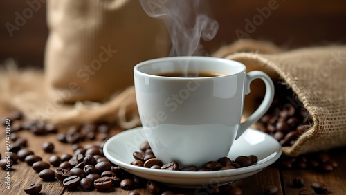 Steaming cup of coffee surrounded by scattered coffee beans and a burlap sack, set on a wooden surface. Perfect for coffee lovers and rustic-themed projects.