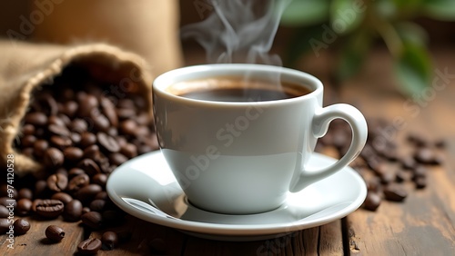 Steaming cup of coffee surrounded by scattered coffee beans and a burlap sack, set on a wooden surface. Perfect for coffee lovers and rustic-themed projects.