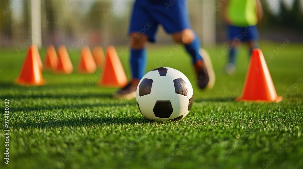 A row of orange cones lines up on a green grass field with blurry figures of young athletes playing soccer in the background A row of orange cones lines up on a green grass field with blurry figures of young athletes playing soccer in the background