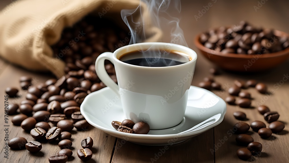 Steaming cup of coffee surrounded by scattered coffee beans and a burlap sack, set on a wooden surface. Perfect for coffee lovers and rustic-themed projects. Steaming cup of coffee surrounded by scattered coffee beans and a burlap sack, set on a wooden surface. Perfect for coffee lovers and rustic-themed projects.