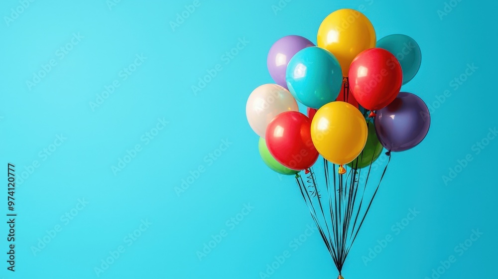 A vibrant cluster of multicolored balloons floating against a bold color background, with ample space for text, creating a festive and cheerful scene A vibrant cluster of multicolored balloons floating against a bold color background, with ample space for text, creating a festive and cheerful scene