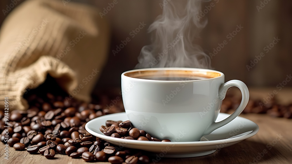Fototapeta premium Steaming cup of coffee beside a burlap sack spilling coffee beans, set against a rustic wooden background.