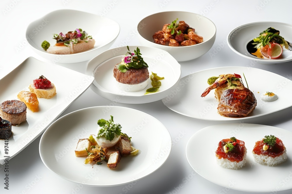 A beautifully arranged selection of gourmet dishes on elegant plates. A beautifully arranged selection of gourmet dishes on elegant plates.