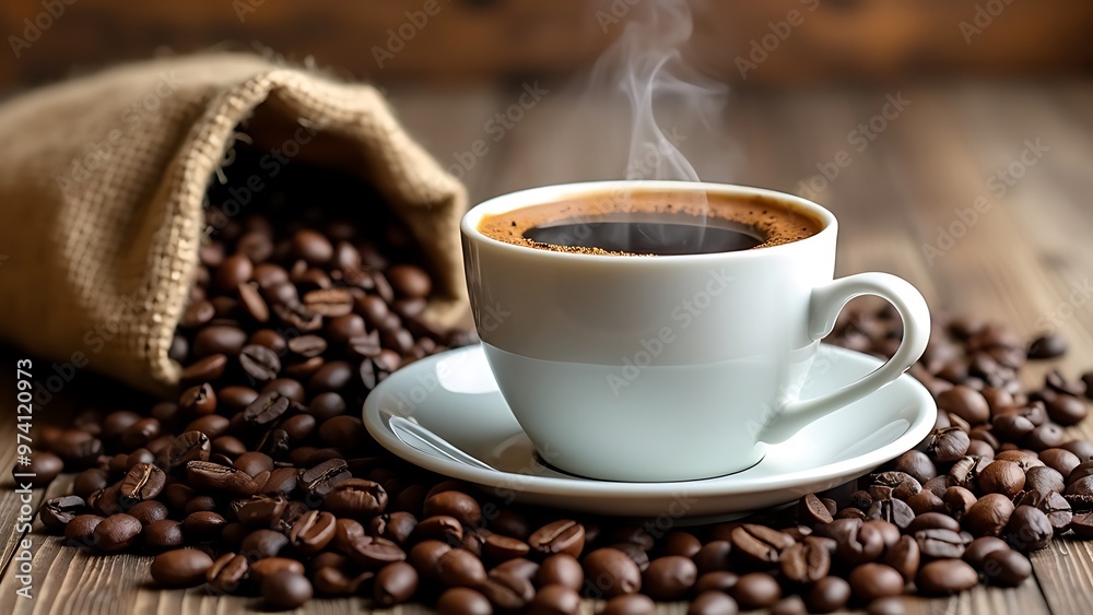 Steaming cup of coffee beside a burlap sack spilling coffee beans, set against a rustic wooden background. Steaming cup of coffee beside a burlap sack spilling coffee beans, set against a rustic wooden background.