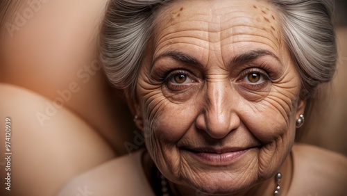 mature woman with visible wrinkles, lines, and age spots on her face