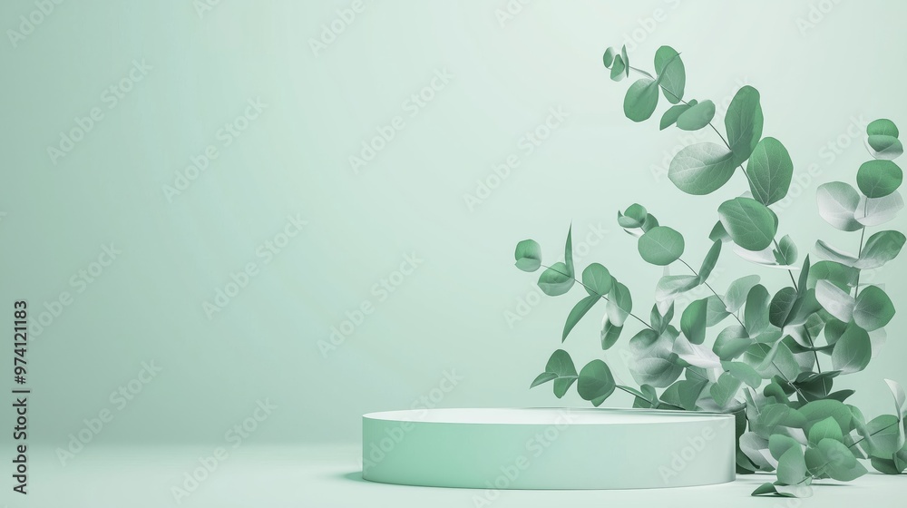 A vector illustration of an empty podium 3D with eucalyptus leaves spiraling upwards, isolated on a soft mint background A vector illustration of an empty podium 3D with eucalyptus leaves spiraling upwards, isolated on a soft mint background