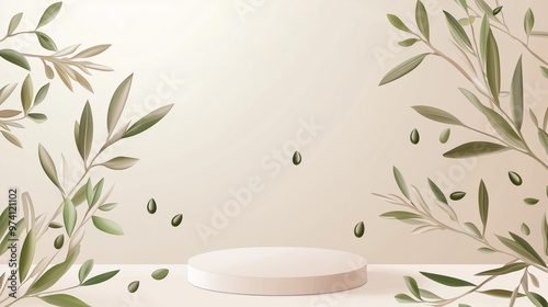 A vector illustration of an empty podium 3D framed with olive branches and rich olive oil drops, isolated on a light pastel beige background