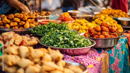 Close up of various Indian street food items served on metal plates at a market stall.