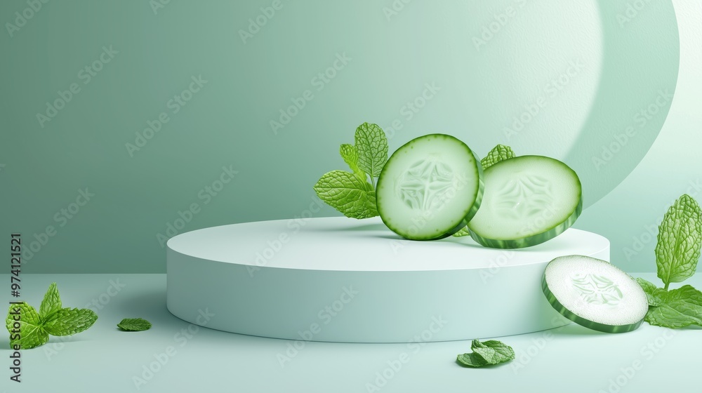 A vector illustration of an empty podium 3D wrapped with fresh cucumber slices and mint leaves, isolated on a light teal background A vector illustration of an empty podium 3D wrapped with fresh cucumber slices and mint leaves, isolated on a light teal background