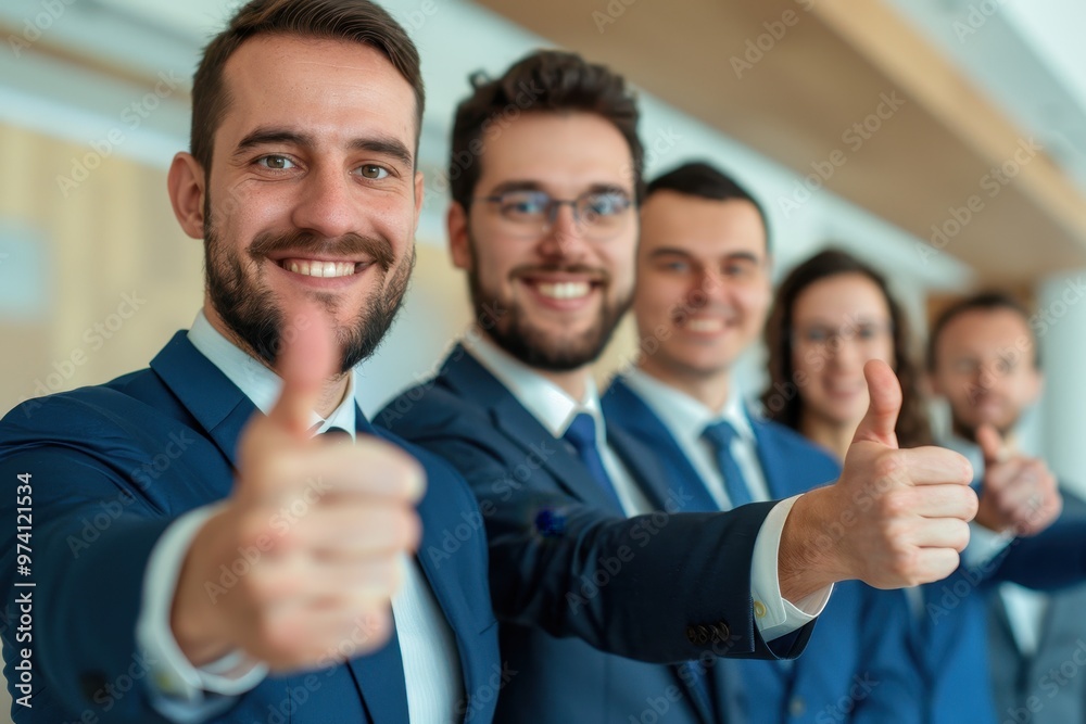 Business team of professionals in formal suits smiling and giving thumbs up as a sign of success, approval, and teamwork in a modern office setting. Business team of professionals in formal suits smiling and giving thumbs up as a sign of success, approval, and teamwork in a modern office setting.