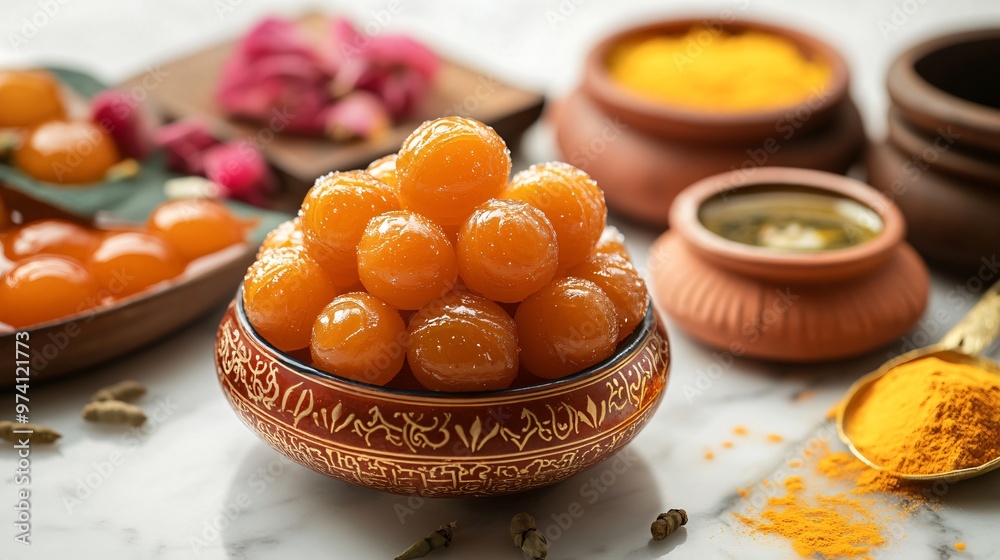 Close-up of a bowl of orange round candies with turmeric powder, spices and pink flower petals in the background. Close-up of a bowl of orange round candies with turmeric powder, spices and pink flower petals in the background.