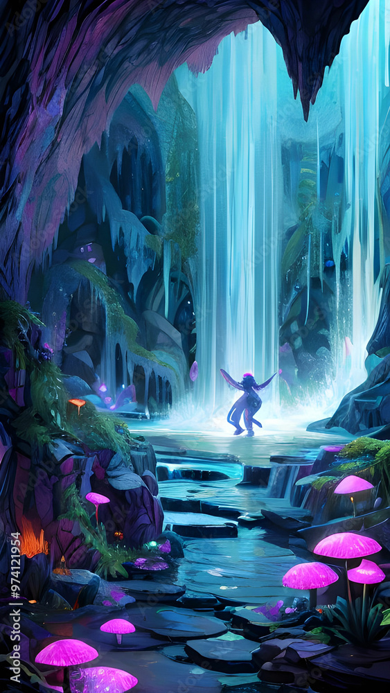 Fototapeta premium Twisting path of a magical vine into a cave filled with mushrooms, and mysterious creatures.