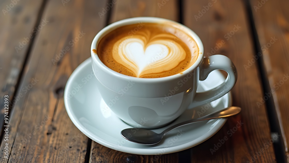 Cup of coffee with heart-shaped latte art, elegantly placed on a white saucer. Perfect for coffee lovers, cafes, and food photography projects. Cup of coffee with heart-shaped latte art, elegantly placed on a white saucer. Perfect for coffee lovers, cafes, and food photography projects.