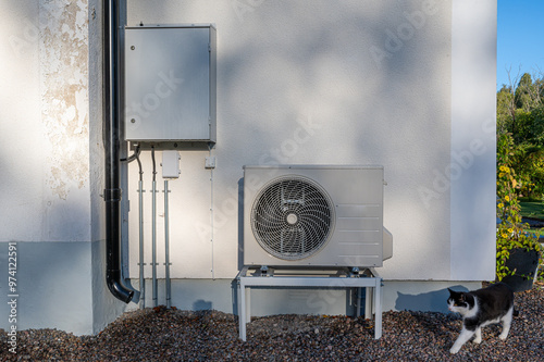 Electrical cabinet and air source heat pump outside house