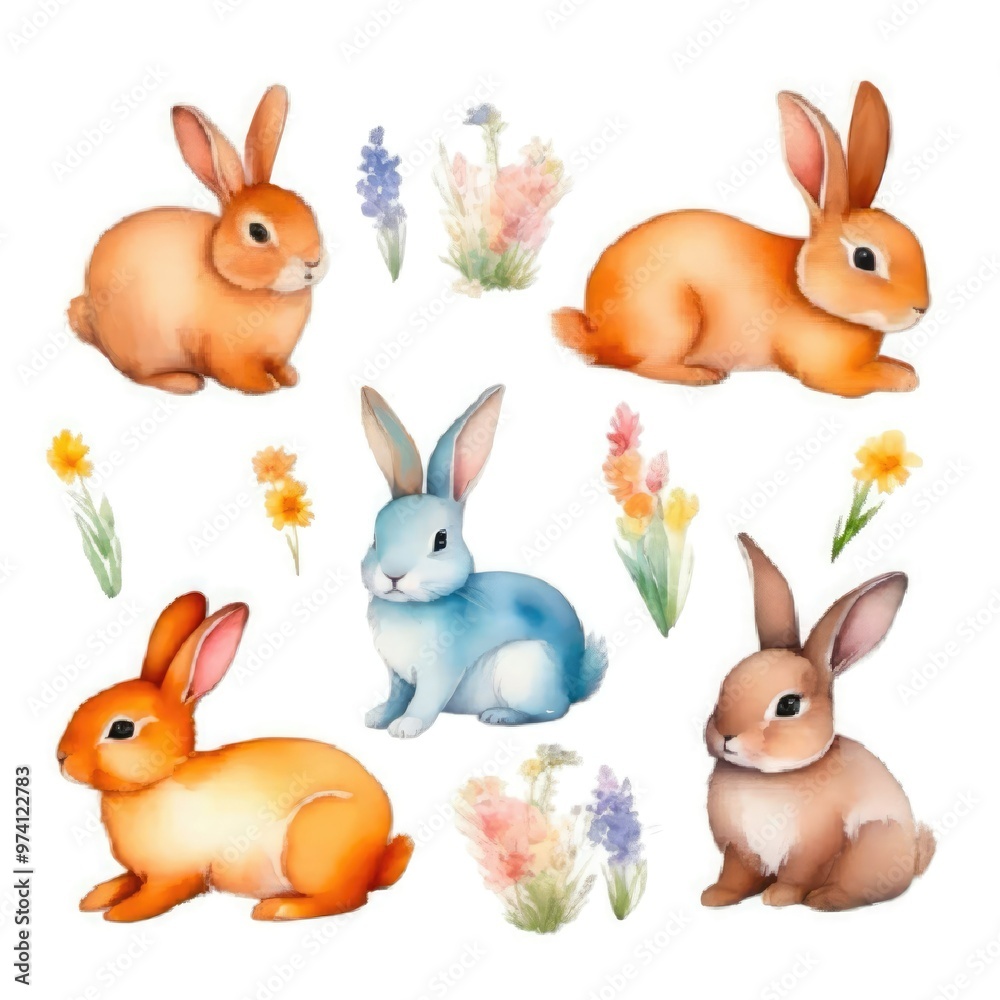 Colorful cartoon rabbits in various poses sitting on a white background, ideal for children's art or seasonal decorations Colorful cartoon rabbits in various poses sitting on a white background, ideal for children's art or seasonal decorations