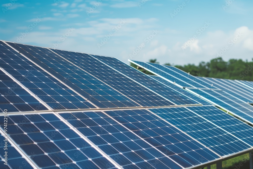 Solar panels installed in a field capturing sunlight to generate renewable energy, with a bright blue sky overhead Solar panels installed in a field capturing sunlight to generate renewable energy, with a bright blue sky overhead