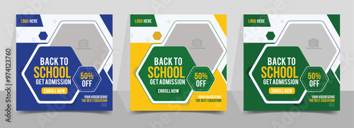 School admission social media post banner design. back to school promotion square banner template. school admission template for social media ad, web.