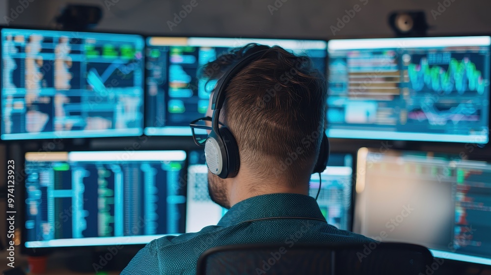 Stock trader seated at a desk, analyzing complex financial data and stock charts displayed on multiple monitors in a trading office. Stock trader seated at a desk, analyzing complex financial data and stock charts displayed on multiple monitors in a trading office.