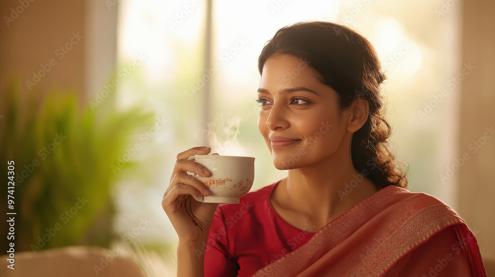 Beautiful Brunette Indian woman in Red saree Drinking masala tea big smile Beautiful Brunette Indian woman in Red saree Drinking masala tea big smile