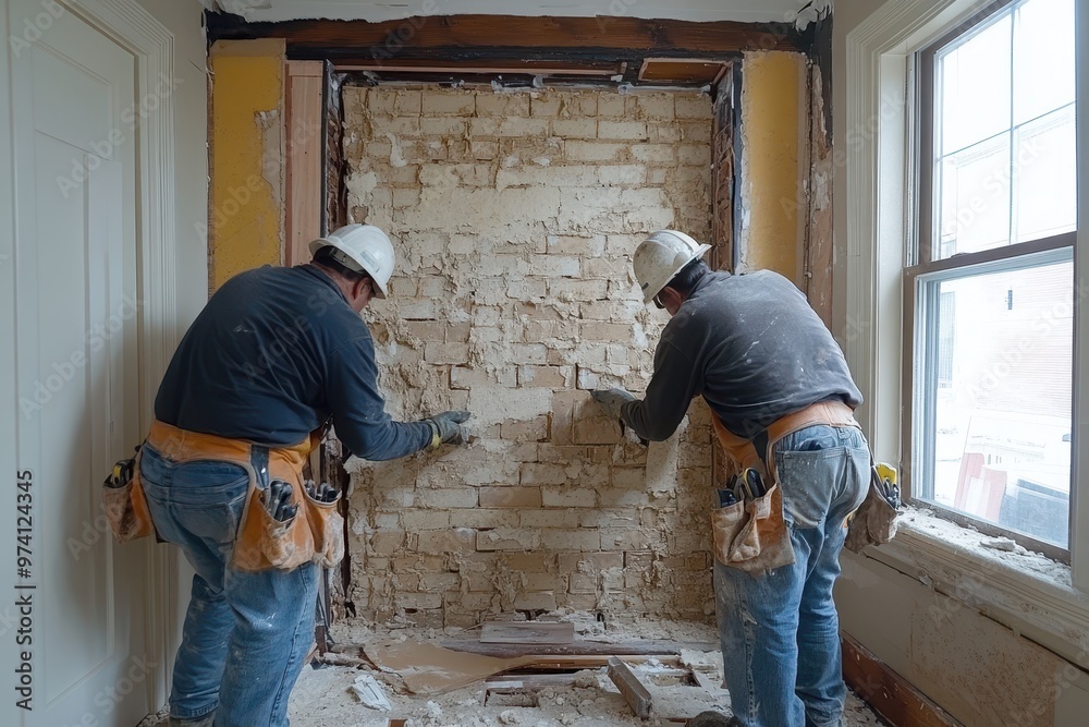 Construction workers renovating a wall, applying plaster to a brick surface, showcasing teamwork and craftsmanship in home improvement. Construction workers renovating a wall, applying plaster to a brick surface, showcasing teamwork and craftsmanship in home improvement.