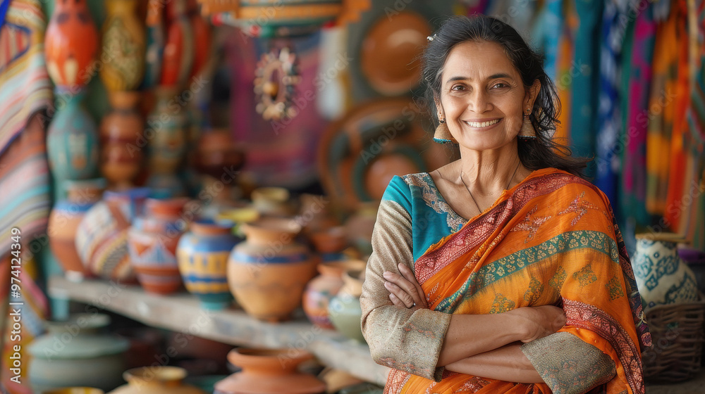 a woman in traditional Indian attire, stands proudly on the right among colorful pottery and textiles. a woman in traditional Indian attire, stands proudly on the right among colorful pottery and textiles.
